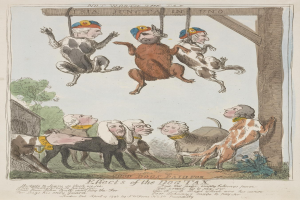 Ein Blatt Papier mit einer Zeichnung von Menschen und Tieren, einschließlich eines Hundes, das an einem Holzpfahl hängt, zusammen mit einem Text, der wahrscheinlich die Auswirkungen einer Hundesteuer beschreibt.