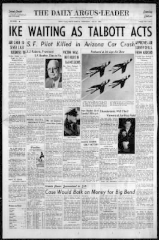Titelseite der Daily Argus-Leader-Zeitung aus Arizona mit schwarzem Hintergrund, Headline "Ike Waiting as Talbott Acts", mit Bildern von Menschen und Flugzeugen.