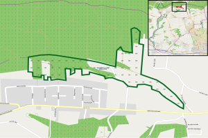 Karte einer Stadt mit Straßen, Gebäuden und anderen Merkmalen, die den proposed site markieren.