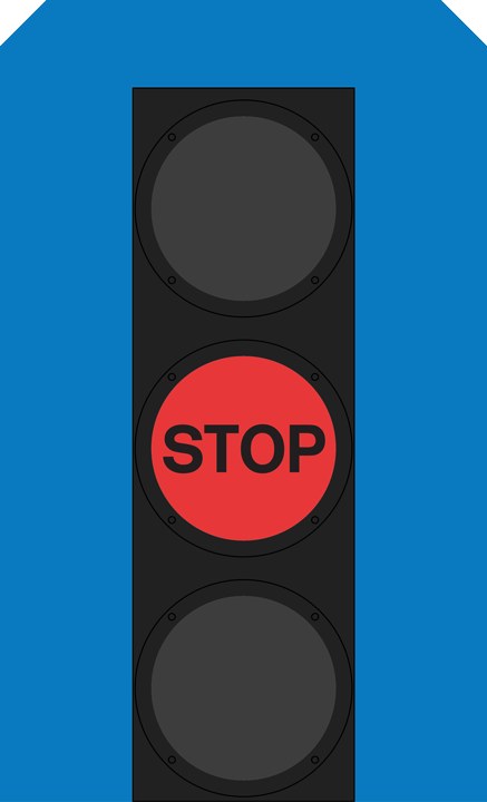 Ampel zeigt ein rotes Haltesignal gegen einen blauen Himmel.