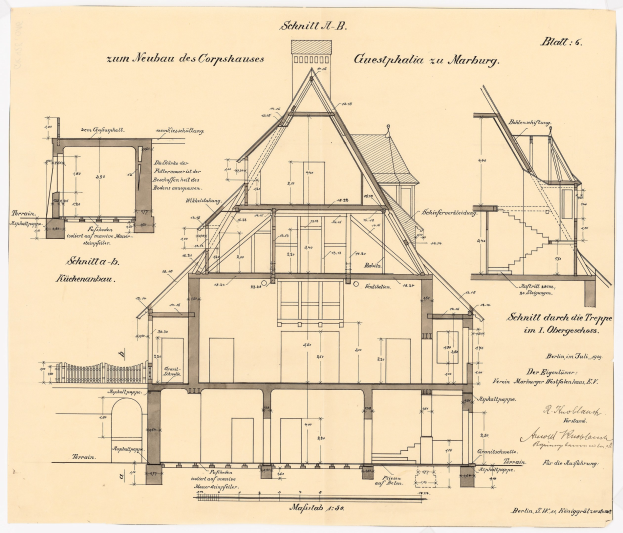 Ein detailliertes architektonisches Zeichnung eines historischen Hauses mit zahlreichen Fenstern und einem Dach, das als erstes Haus in Deutschland gilt, begleitet von Text und Plänen auf altem Papier.