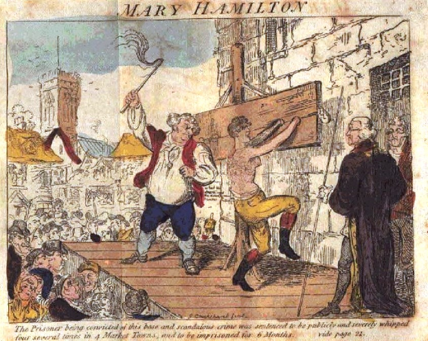 Eine Karikatur eines Mannes mit einem Schwert vor einer Menge, mit Text oben und unten über die Strafe eines Gefangenen.