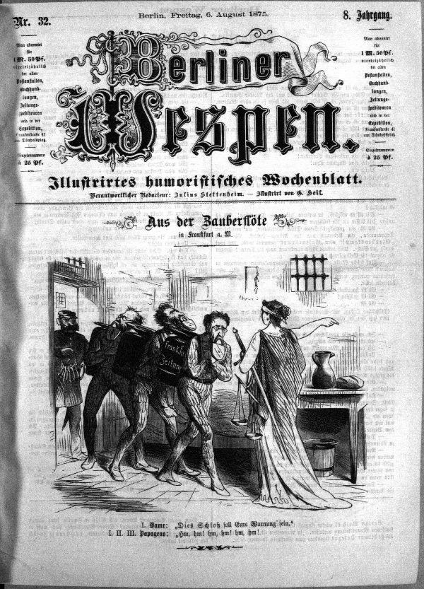 Schwarze und weiße Zeitung mit der überschrift "Berliner Wespen, 6. August 1875" mit einer Gruppe von Menschen in Not, einige schauen erschrocken hoch und andere verwirrt nach unten.