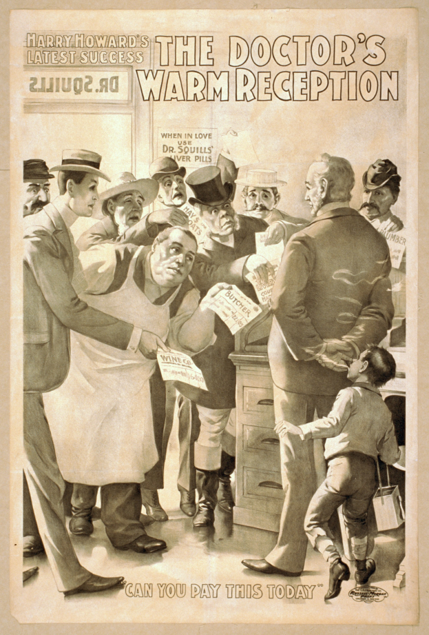 Ein Plakat, das eine Gruppe von Menschen zeigt, einige halten Papiere in den Händen, und ein Kind vor einem Tisch mit Schubladen, mit der Aufschrift "Die warme Begrüssung des Arztes - Können Sie das heute bezahlen?"