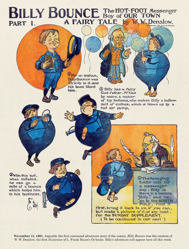 Cartoon-Bild eines jungen Jungen in Hut und Cape, der einen Zauberstab und ein Buch hält, mit dem Titel "Billy Bounce, der heiße Fußbotschafter, Teil 1: Ein Märchen", mit verspielter Schrift und einem Feldhintergrund.