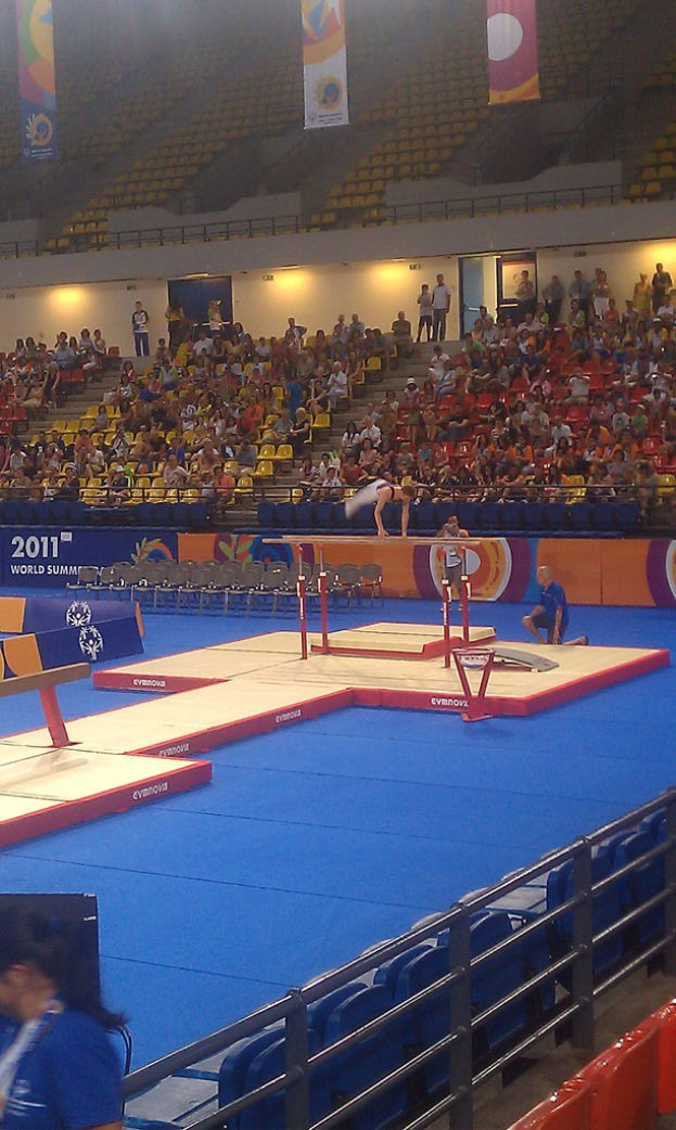 Eine Stadion-Szene mit Menschen auf Stühlen sitzend, andere im Hintergrund stehend, Werbetafeln oben, Treppe in der Mitte und eine Person, die in der Mitte Gymnastik betreibt.