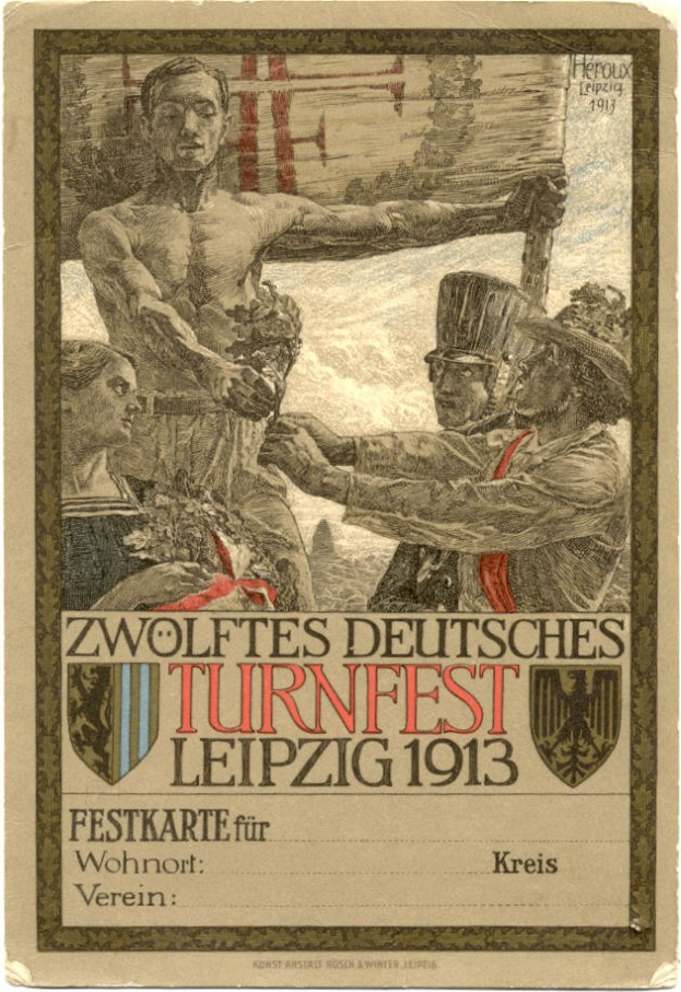 Plakat für das Zwölfte Deutsche Turnfest Leipzig 1913, das eine Gruppe von Menschen in der Mitte zeigt, umgeben von Text.