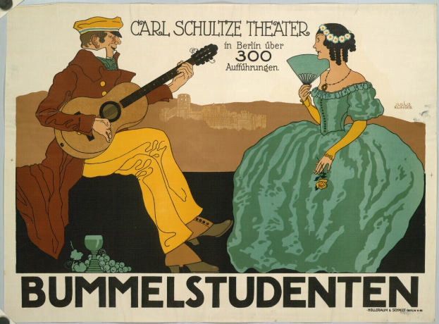 Ein Plakat, das ein Konzert im Carl-Schulze-Theater in Berlin, Deutschland, ankündigt, mit einem Mann, der eine Gitarre spielt, und einer Frau, die einen Fächer hält, mit Text auf dem Plakat.