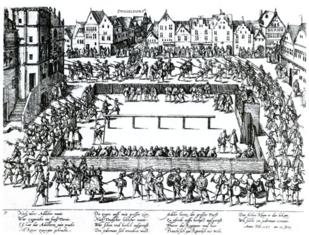 Eine Schwarz-Weiß-Zeichnung einer kämpfenden Menge in einer Stadt mit Gebäuden im Hintergrund und der Inschrift 'Die Schlacht von Düsseldorf' unten.