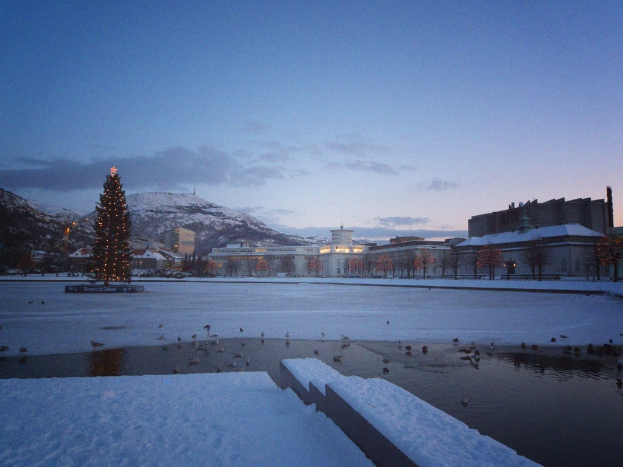 Eine Stadtansicht mit Gebäuden, Häusern, Bäumen und Pflanzen auf beiden Seiten, einem beleuchteten Weihnachtsbaum links, Bergen und Schnee im Hintergrund, einem bewölkten Himmel darüber und ein paar Vögel auf einem Gewässer darunter.