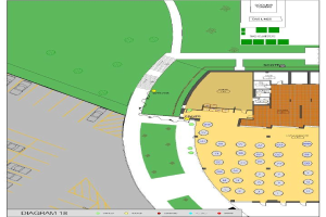 Ein detaillierter Grundrissplan einer neuen Schule, der verschiedene Räume, Flure und Campus-Einrichtungen zeigt und von Text begleitet wird, der das Layout, die Schülerkapazität, die Lage der Klassenzimmer und Annehmlichkeiten beschreibt.