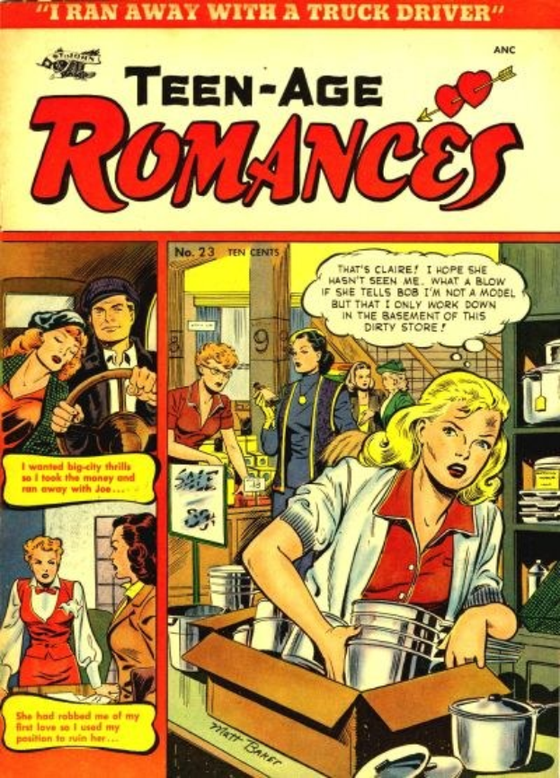 Ein farbenfroher DC-Comics-Plakat titled 'Teen-Age Romances 23-A', das eine Gruppe von Menschen in einer fröhlichen, romantischen Umarmung zeigt mit fetter Schrift darüber.