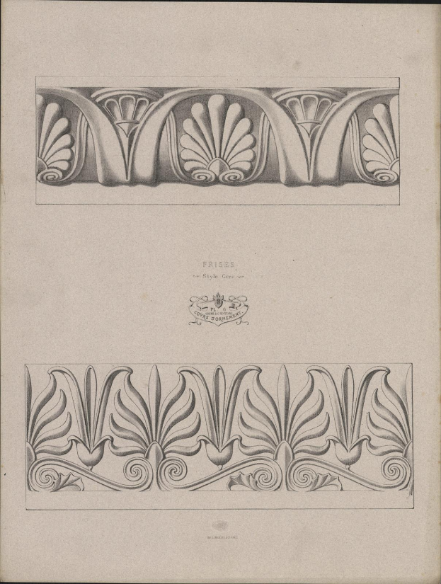 Ein Buch mit einem detaillierten architektonischen Design im Art-Nouveau-Stil aus dem 19. Jahrhundert, einschließlich begleitendem Text.