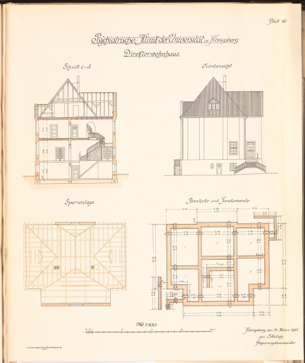 Ein aufgeschlagenes Buch mit einer Hauszeichnung und detaillierten Architekturplänen und Text.