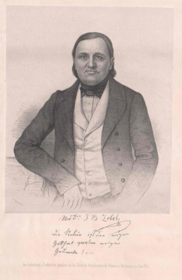 Ein Schwarz-Weiß-Zeichnung eines Mannes in Anzug und Krawatte, identifiziert als Friedrich Zobel, der ein Papier hält.
