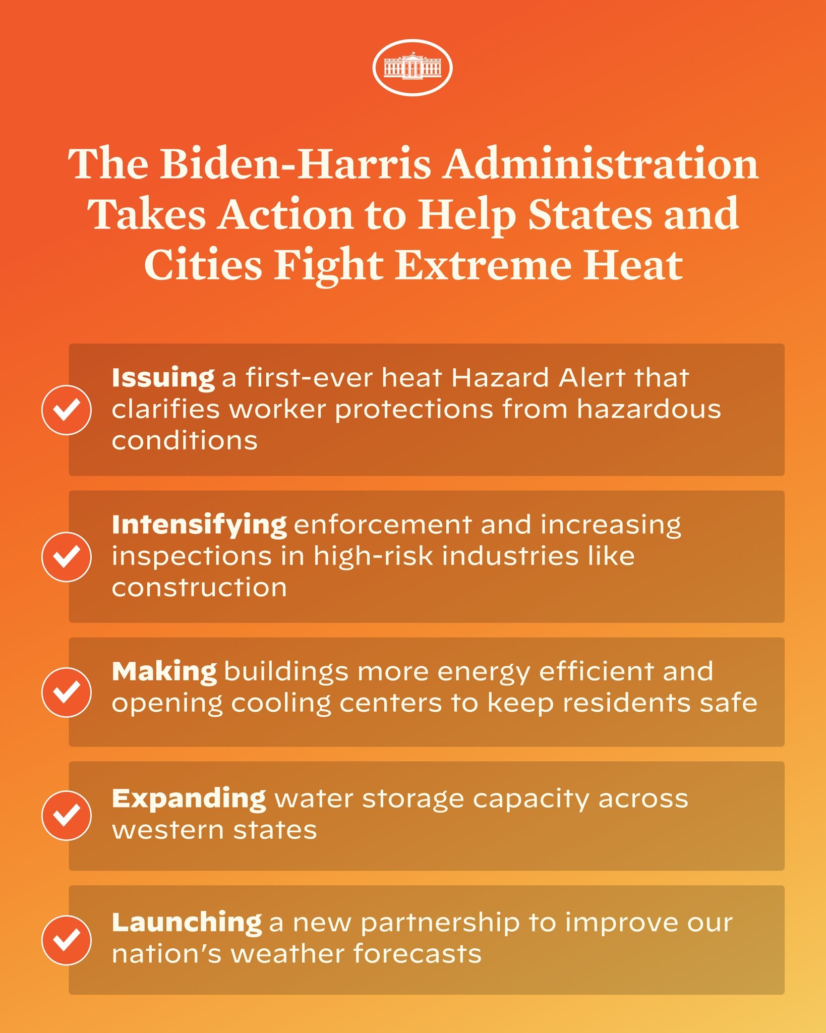 Plakat mit der Überschrift "Die Biden-Harris-Verwaltung setzt sich dafür ein, dass Bundesstaaten und Städte gegen extreme Hitze kämpfen" mit einem roten und weißen Schild-Logo mit einem Blitz, eingerahmt von einem gelben Rand auf einem weißen Hintergrund.