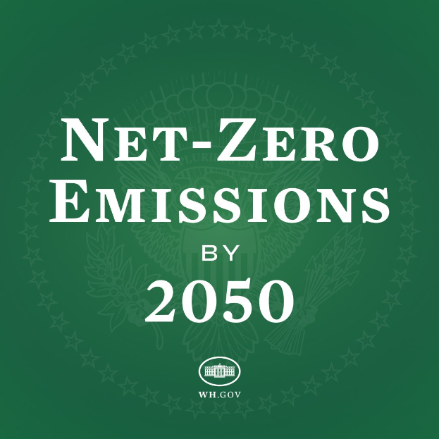 Weißer fetter Text "net-zero Emissionen bis 2050" auf grünem Hintergrund.