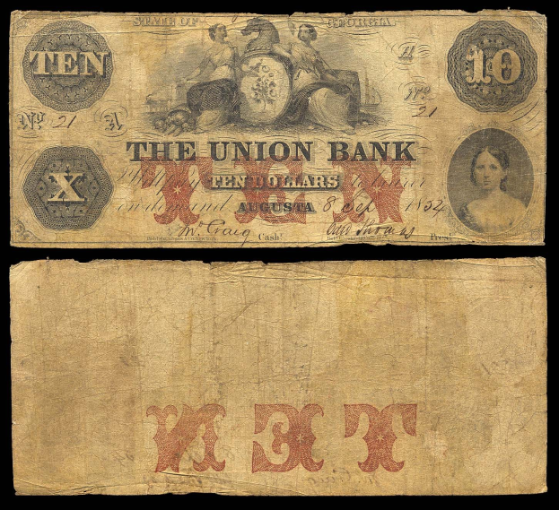 Alte Zehn-Dollar-Note der Union Bank aus dem Jahr 1862 mit einer Frau in einem Kleid und einem Dutt auf einem schwarzen Hintergrund.