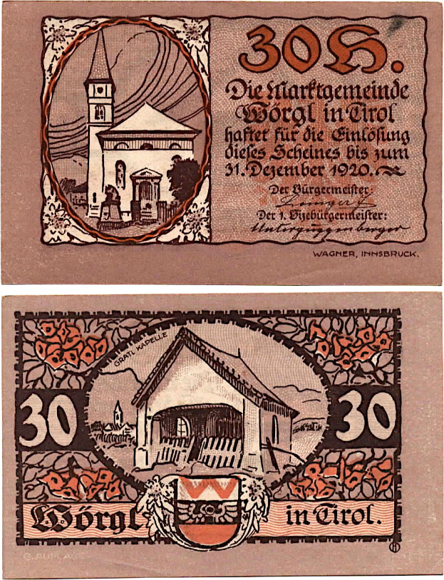 Alte deutsche 30-Pfennig-Banknote aus den 1930er Jahren mit einer Kirchenillustration in der Mitte.