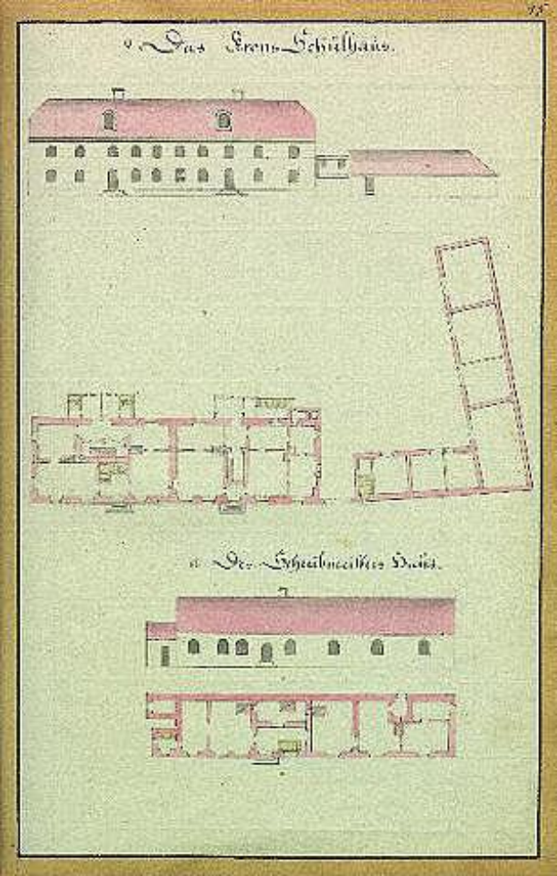 Eine Zeichnung eines mehrfenstrigen Gebäudes mit einer Leiter, identifiziert als Schloss Schilbau, ein Gefängnis in Deutschland, auf einem Papier mit beschreibendem Text.