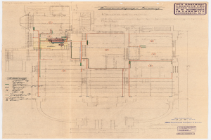 Schwarz-weißer Architekturplan des Rosenhof-Krankenhauses in Hamburg, Deutschland, mit detaillierten Plänen mit zahlreichen Kabeln, Räumen, Fluren und Textanmerkungen.
