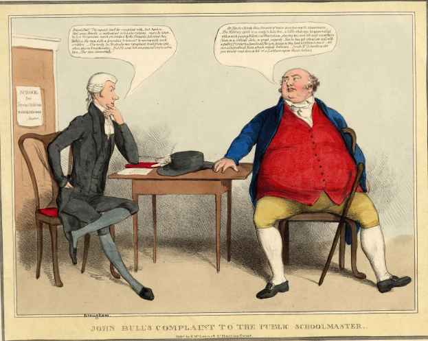 John Bull steht einem sitzenden Mann über einen Tisch mit einem Hut und Papieren gegenüber, während im Hintergrund eine Tür und ein Papier an der Wand zu sehen sind.