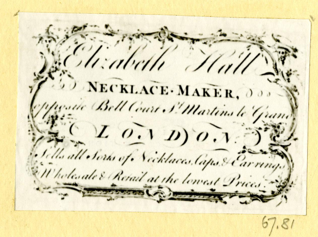 Alte Visitenkarte mit Porträt eines Schmuckherstellers und beschreibendem Text