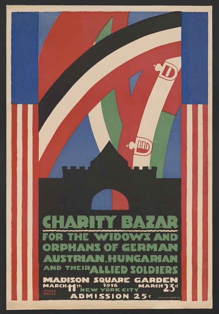 Charity-Bazar-Plakat für die Witwen und Waisen deutscher, australischer, ungarischer und alliierter Soldaten, mit Ereignisinformationen im Text.