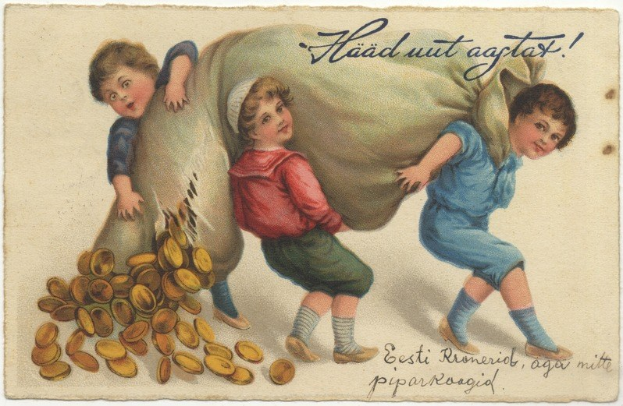 Alte Postkarte mit drei Kindern, die eine Tasche mit Goldmünzen halten und vor einem Haufen Münzen stehen, mit sichtbarem Text.