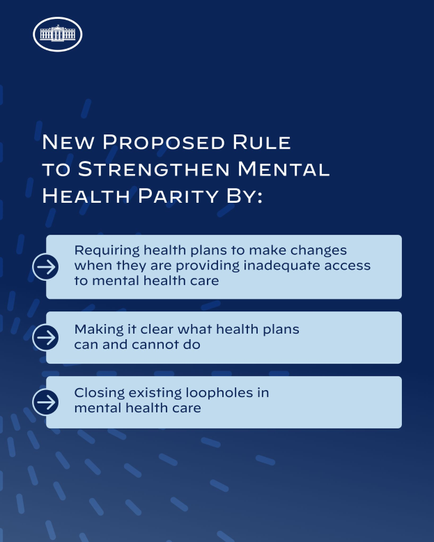 Ein blauer Hintergrund mit weißer Schrift und einem weißen Kreis-Logo mit blauer Umrandung, das eine neue vorgeschlagene Regel zur Stärkung der geistigen Gesundheit umrandet.