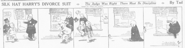 Eine Karikatur eines Mannes in einem schwarzen Anzug und einer Frau in einem Kleid mit einem schwarzen Schultertuch, beide mit ernsten Gesichtern, mit dem Text 'Scheidungskostüme' auf dem Bild.