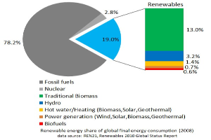 Tortendiagramm zur globalen erneuerbaren Energieversorgung im Jahr 2008, aufgeteilt nach Energiequellen einschließlich fossiler Brennstoffe, Kernenergie, Wasserkraft, Warmwasser, Heizung, Biomasse, Solarenergie, Geothermie und Biokraftstoffe.
