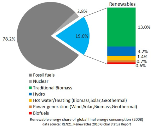 Tortendiagramm zur globalen erneuerbaren Energieversorgung im Jahr 2008, aufgeteilt nach Energiequellen einschließlich fossiler Brennstoffe, Kernenergie, Wasserkraft, Warmwasser, Heizung, Biomasse, Solarenergie, Geothermie und Biokraftstoffe.